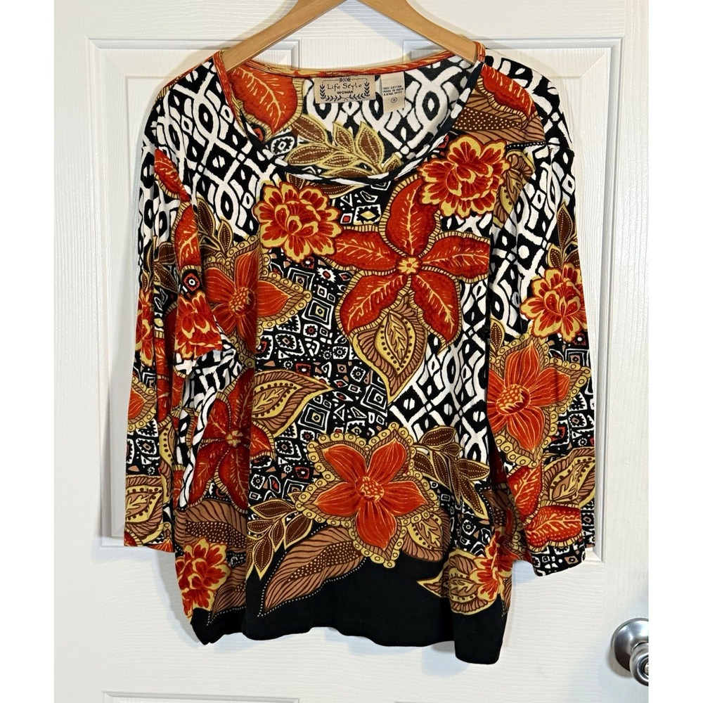 Vintage Life Style Woman Floral Boho Artsy Cotton Long Sleeve Top 1X fall